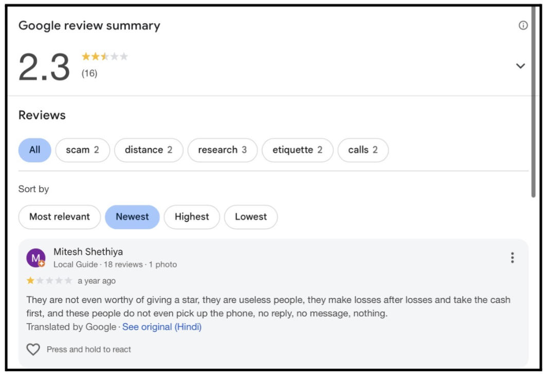 index research reviews on google