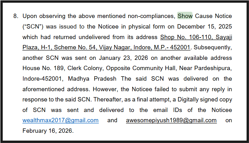 Wealthmax solutions Show cause notice