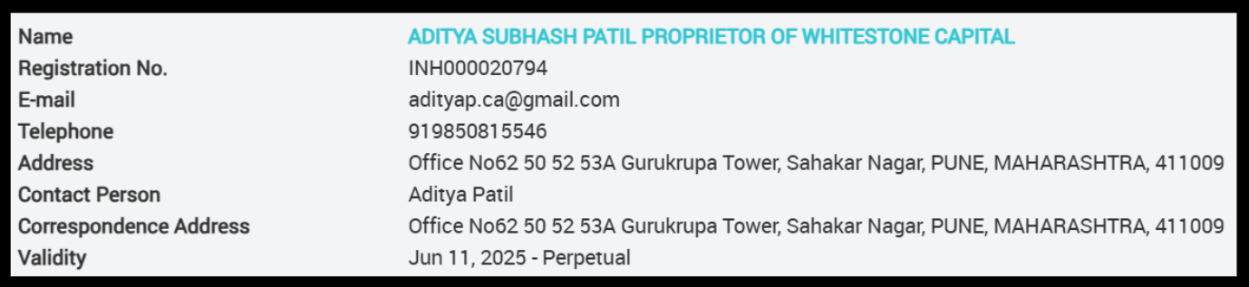 Whitestone Capital SEBI