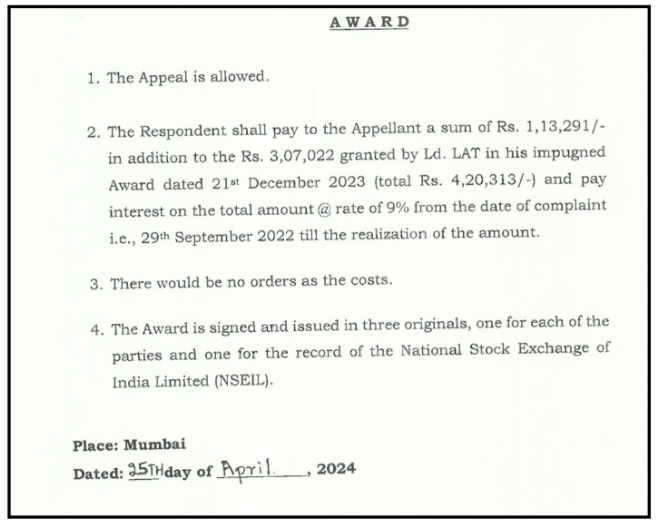 Appellate Tribunal's final order directing Choice Broking to pay a total of Rs 4,20,313 to Vineet Vaibhav