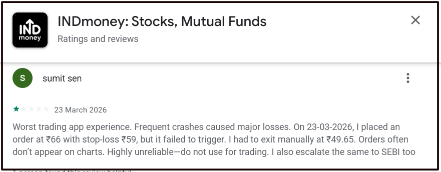 INDmoney App Crashes and Stop-Loss Failure