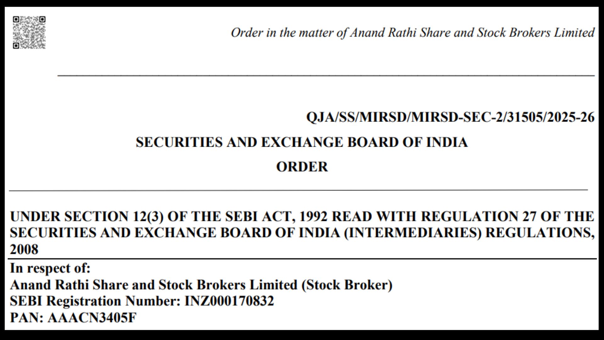 Anand Rathi Share and Stock Brokers Limited order
