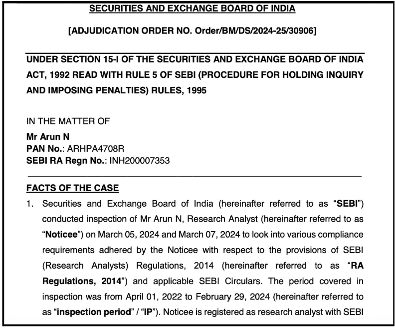 Arun N SEBI order