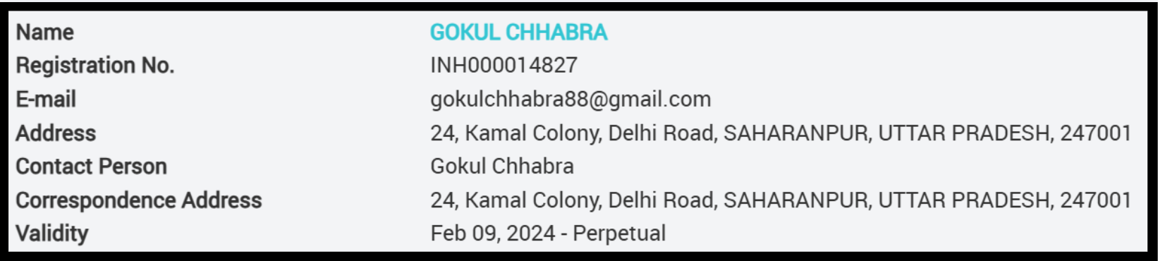Gokul chhabra sebi details