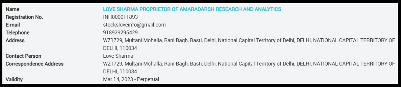 Love sharma sebi registration