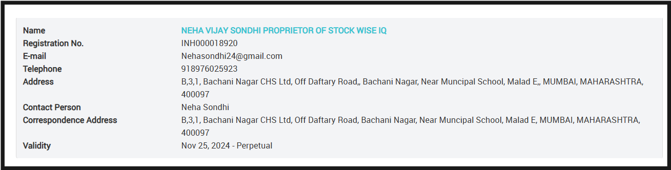 Neha Vijay Sondhi SEBI registered