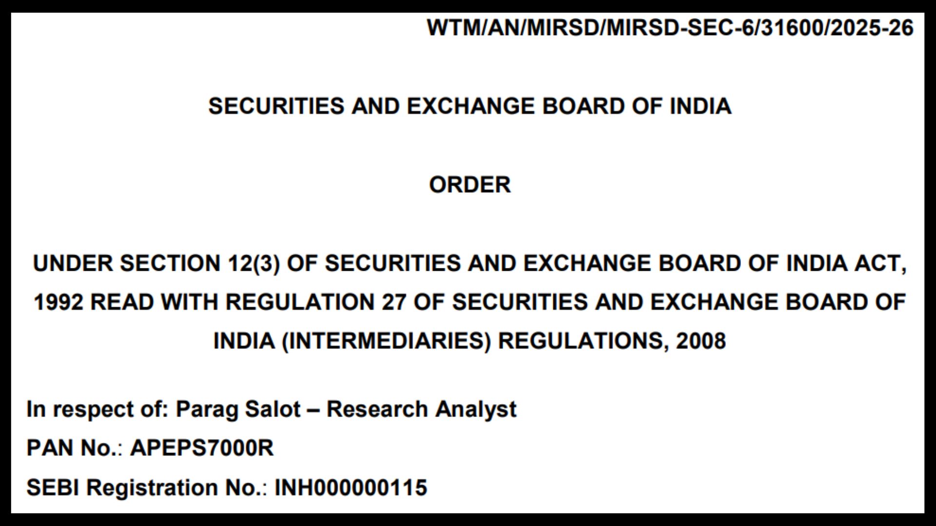 Parag Salot WTM SEBI Order