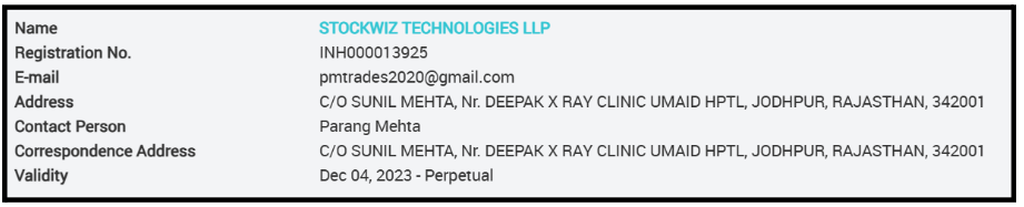 Stockwiz SEBI Registration Details