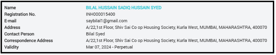 Bilal Hussain Sadiq Hussain Syed SEBI Registered