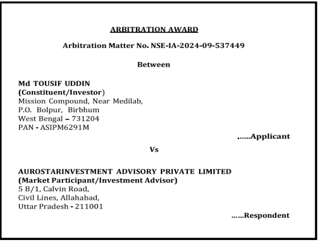 SEBI Arbitration Case on Profit Sharing by Investment Advisor 