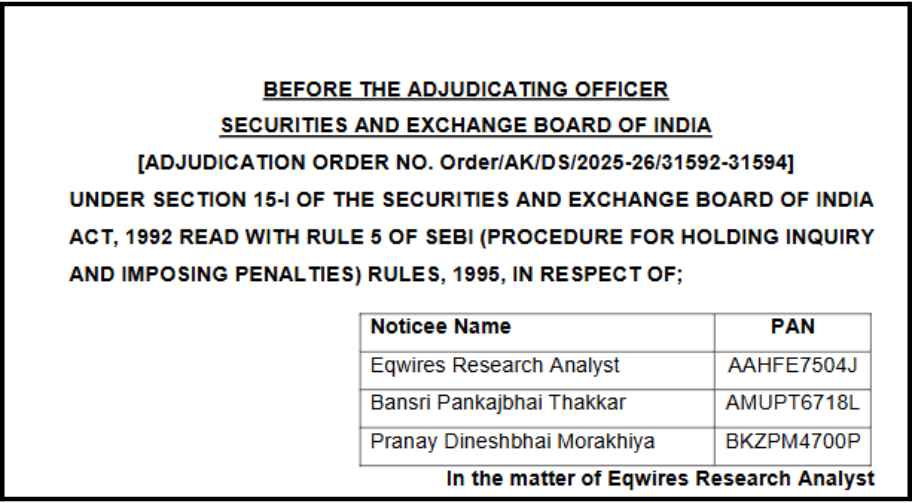 SEBI Order Against Eqwires Research Analyst