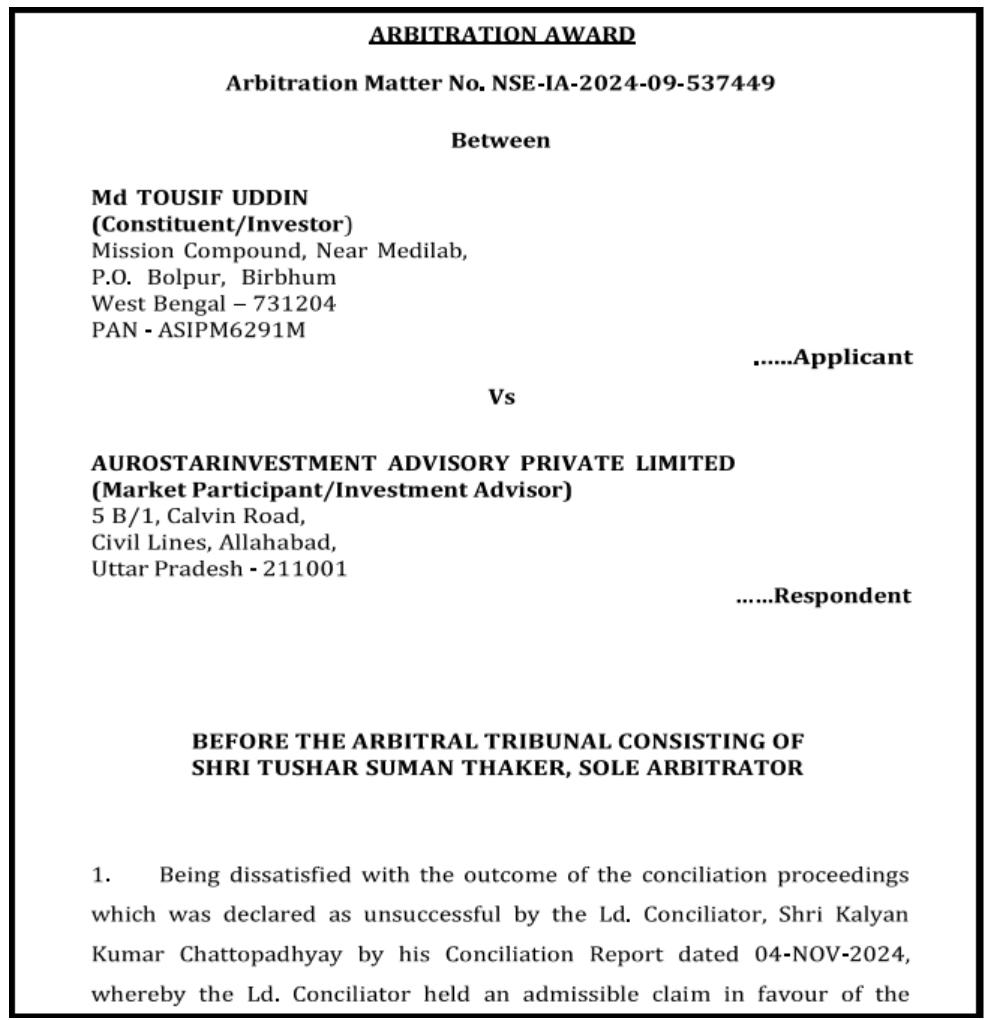 Aurostar Investment Advisory arbitration