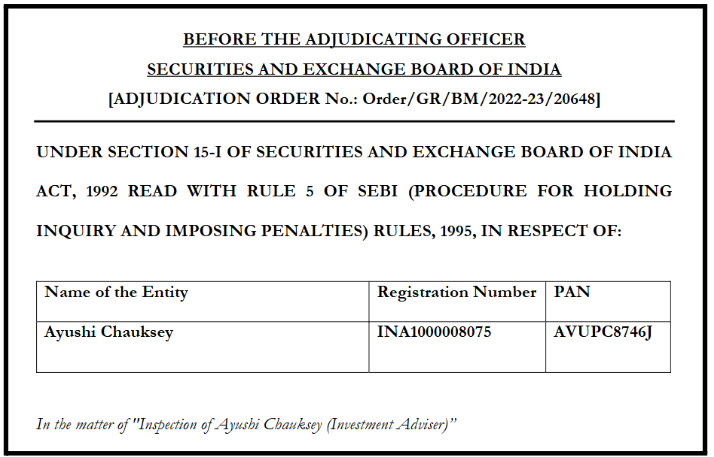 SEBI Order Against Ayushi Chauksey