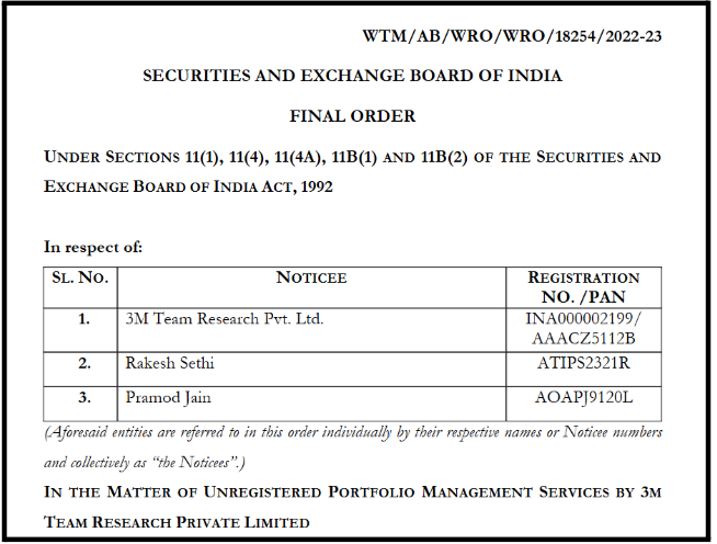 3M Team Research Pvt. Ltd. SEBI Order
