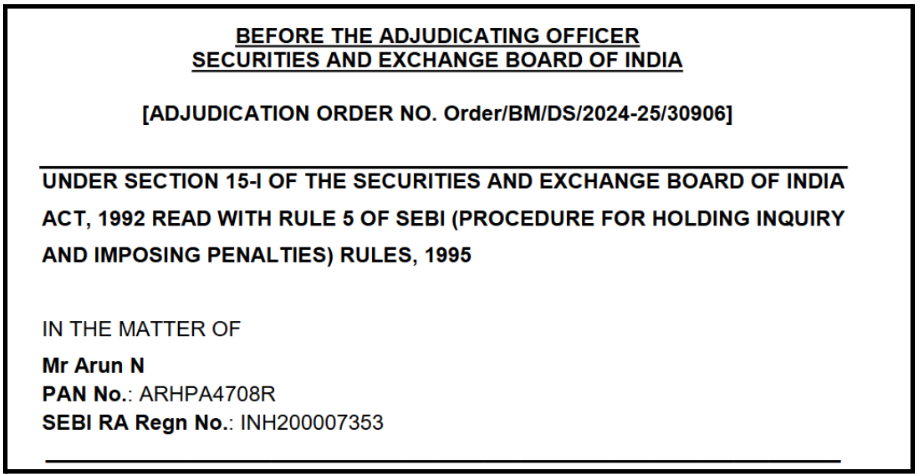Arun N Research Analyst SEBI Order