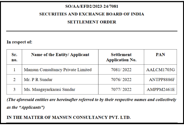 P.R. Sundar & Mansun Consultancy Pvt. Ltd. SEBI Order