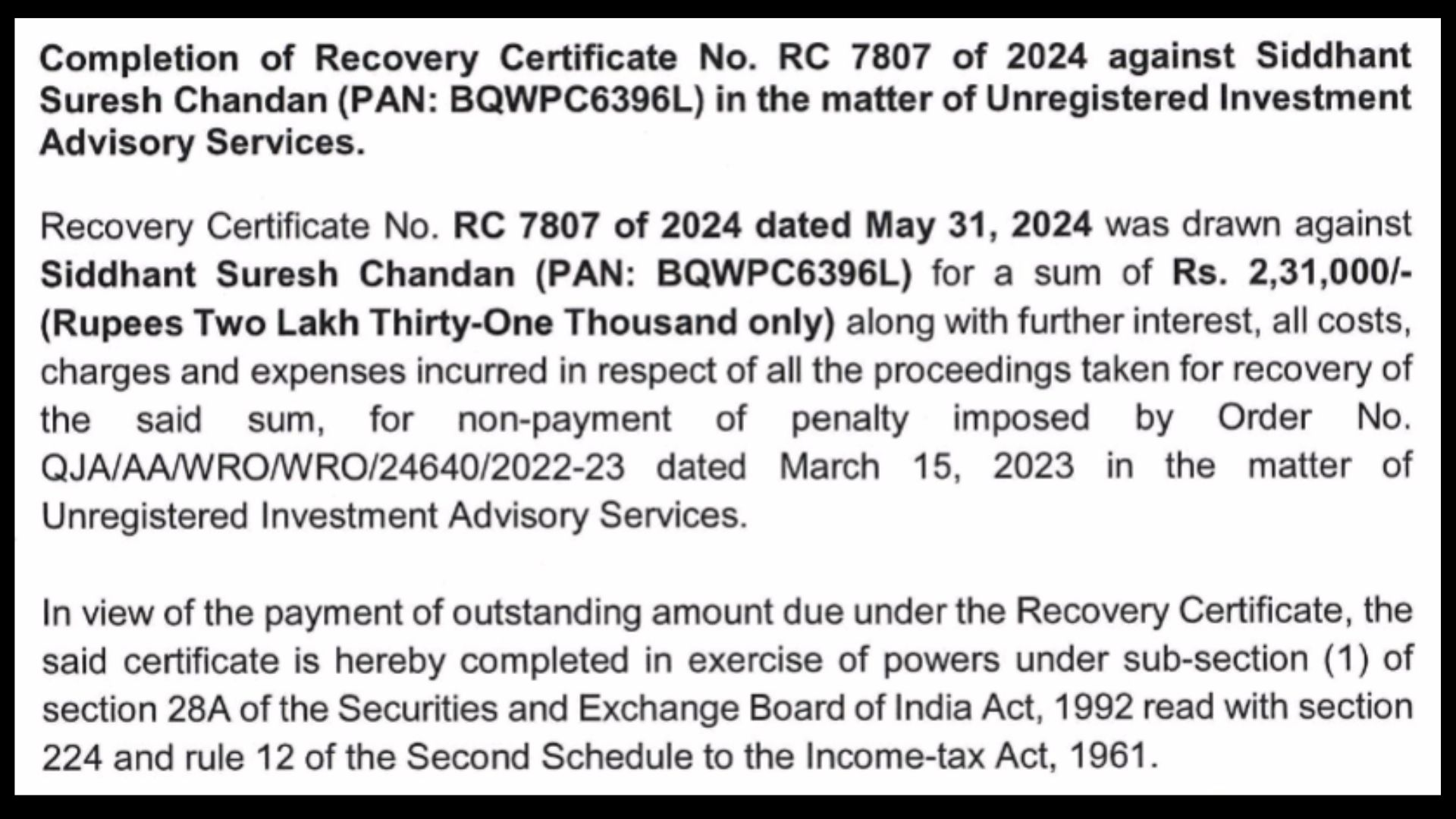 Siddhant Suresh Chandan recovery certificate