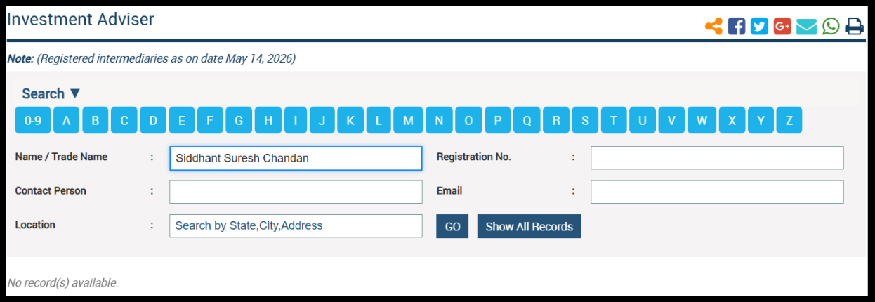 Siddhant Suresh Chandan sebi details