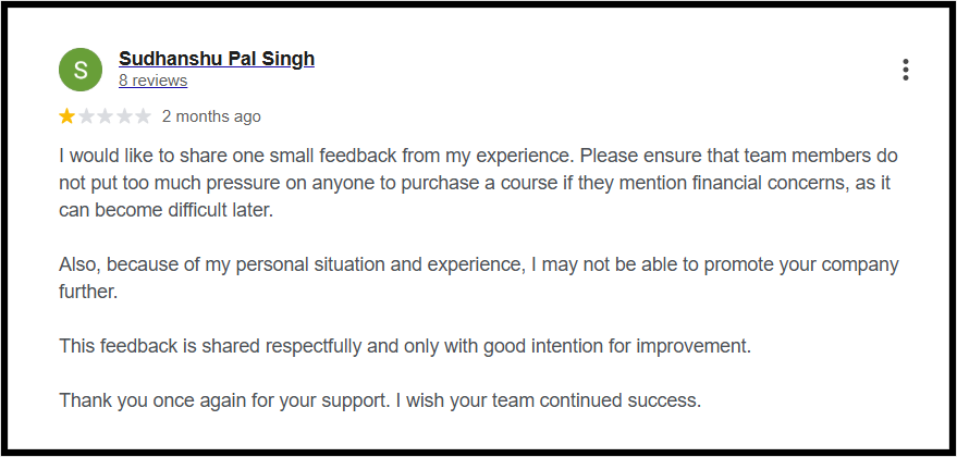  is measured in tone but direct in its concern. He specifically called out the practice of pushing course purchases onto people who have already mentioned financial difficulties. His feedback requests that team members refrain from applying pressure when a potential customer has raised money concerns — noting that it can create problems for people later.