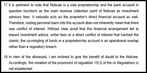 Paragraphs 17 and 18 excerpt explaining that routing personal loans through the proprietorship bank account was treated as an operational overlap rather than a proven conflict of interest, leading to benefit of doubt.