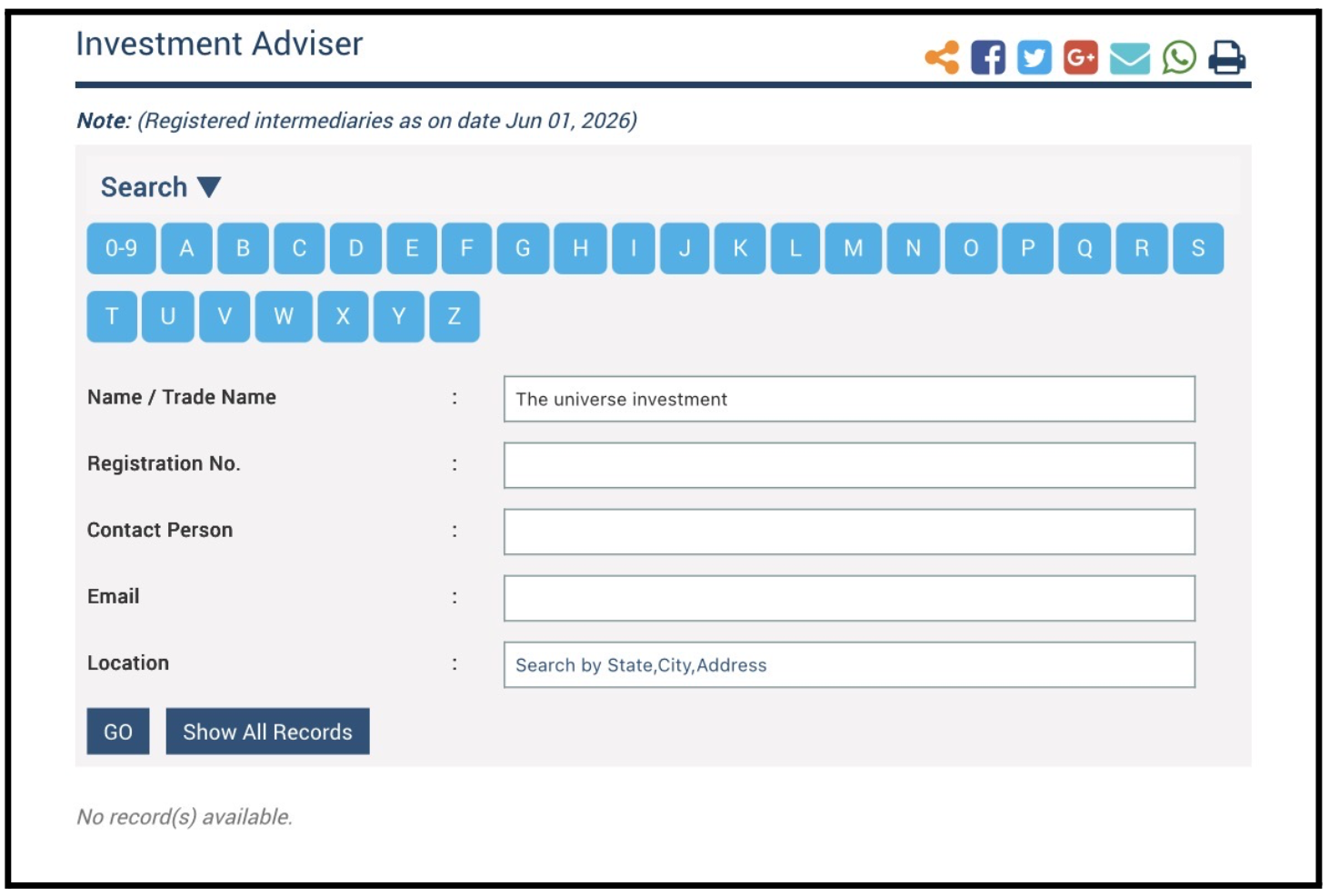 the universe investment sebi registration 