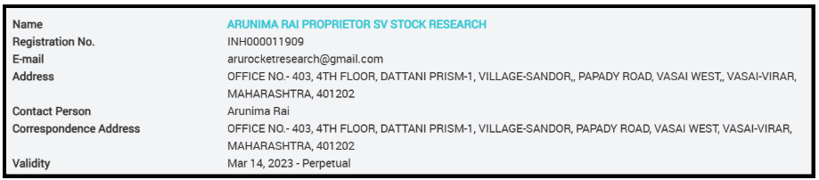 sv stock research company owner sebi registration