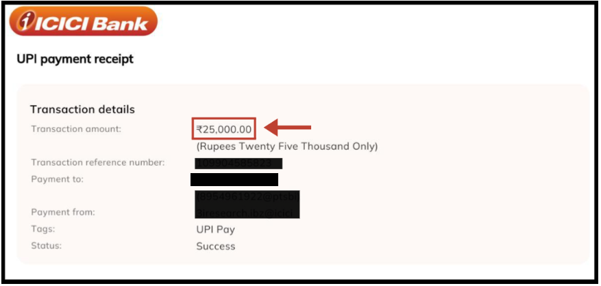 Screenshot of a successful UPI payment of ₹25,000.00 as the initial recovery amount for an investor.