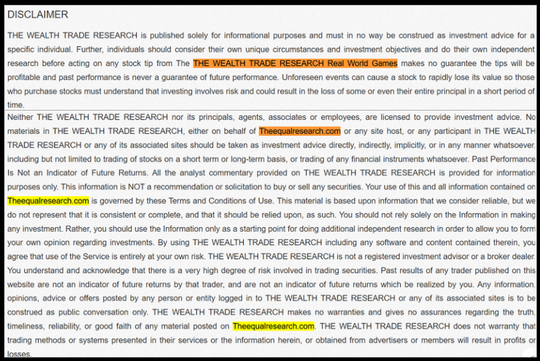 wealth trade research disclaimer name mismatch