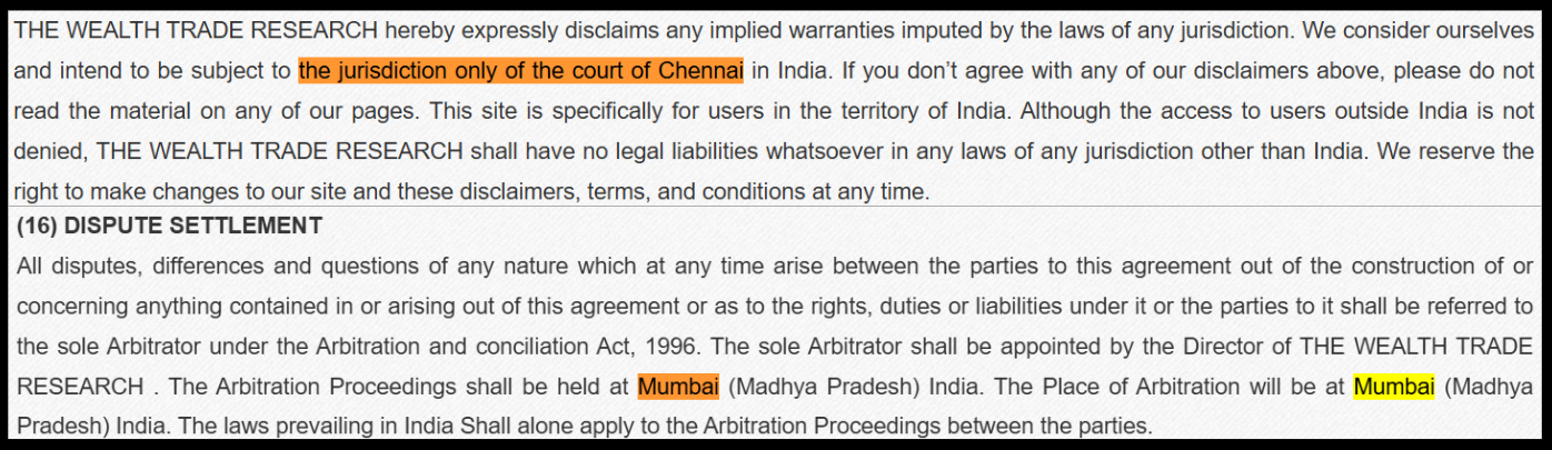 Conflicting legal jurisdiction and arbitration clauses on website.