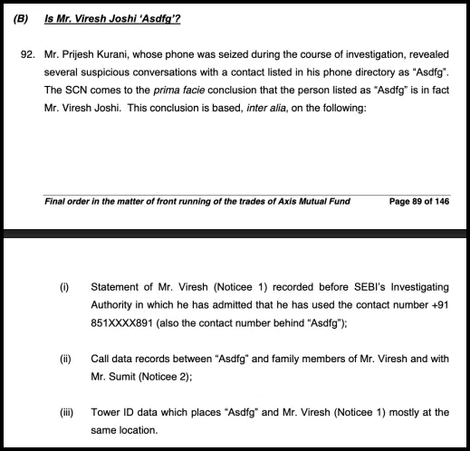 SEBI order section detailing call records and location data for Viresh Joshi's contact saved as Asdfg