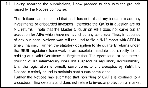 Text excerpt from Firstcapital Alternate Investment Trust SEBI Order rejecting its excuses for not filing quarterly reports