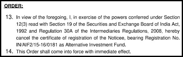 EBI Order document excerpt showing Point 13 cancelling Firstcapital Alternate Investment Trust registration number IN/AIF2/15-16/0181 with immediate effect