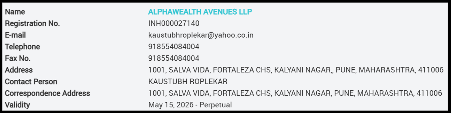 SEBI Research Analyst registration details for Alphawealth Avenues LLP showing registration number INH000027140