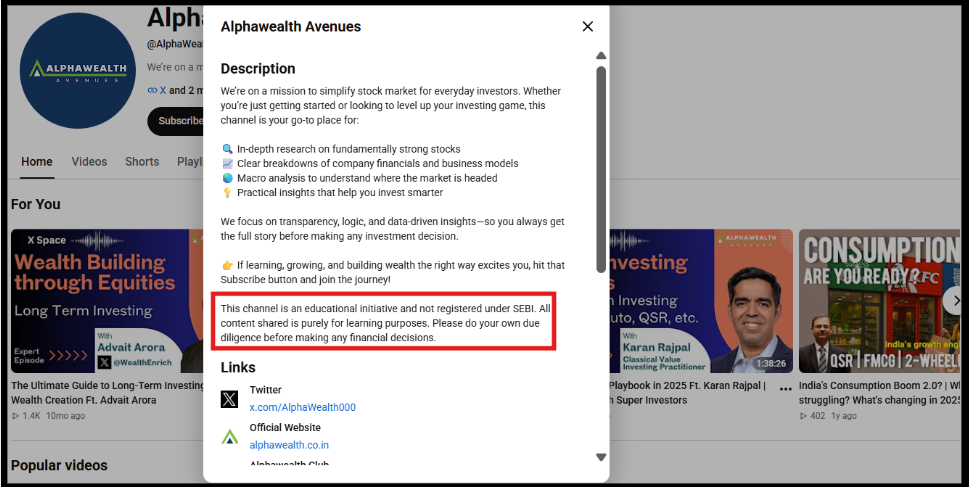 Screenshot of Alphawealth Avenues YouTube channel description stating educational initiative disclaimer regarding SEBI registration