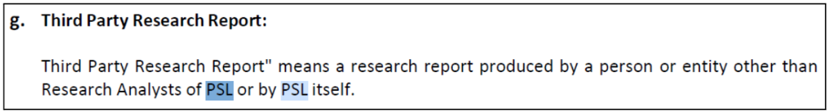 Bull Wave research analyst policy referencing PSL third party reports