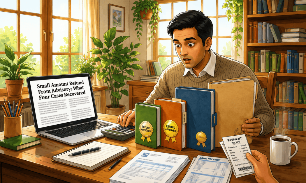 An illustration of a man sitting at an office desk looking at financial reports, stock market data on a laptop, and a legal document regarding an advisory fee refund.