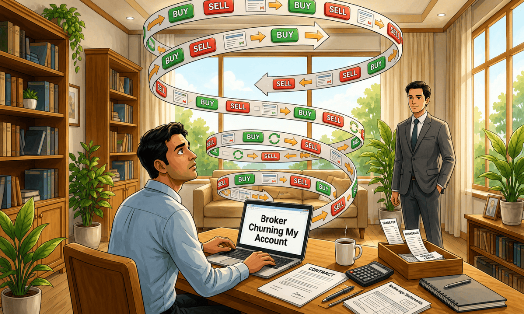 An illustration of a man sitting at a desk looking worried while analyzing brokerage charges on a laptop, with a document showing an excessive brokerage refund summary.