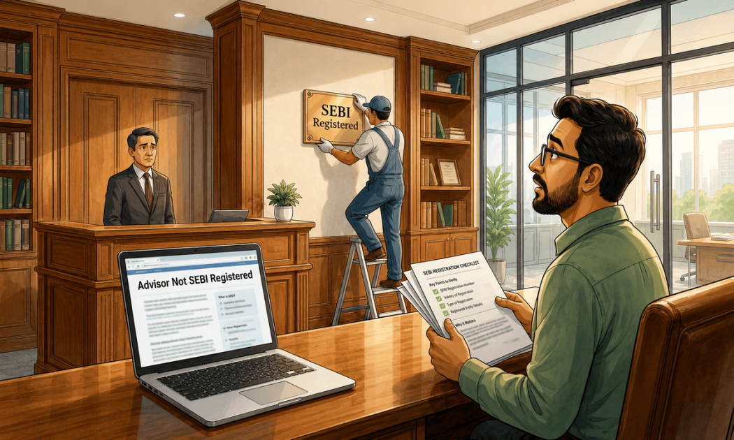 An illustration of a concerned investor looking at a wall where a "SEBI Registered" sign is being altered or crossed out, symbolizing an unregistered stock advisor.