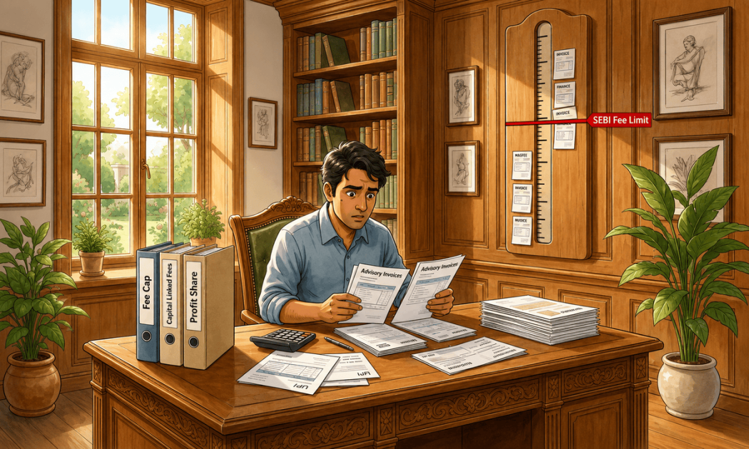 An illustration of an investor analyzing financial data on a laptop, representing a client reviewing stock market advisory fees.