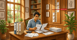 An illustration of an investor analyzing financial data on a laptop, representing a client reviewing stock market advisory fees.