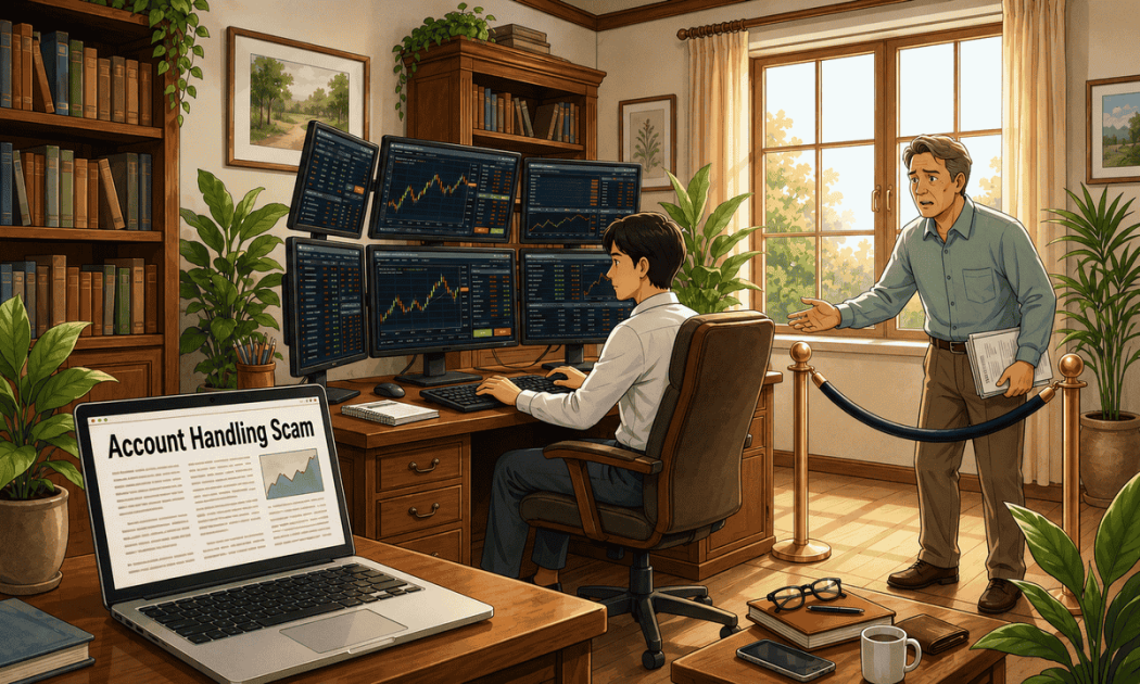 Illustration of a person at a dark desk analyzing multiple computer screens displaying complex trading graphs and financial charts, symbolizing a managed account handling scam.