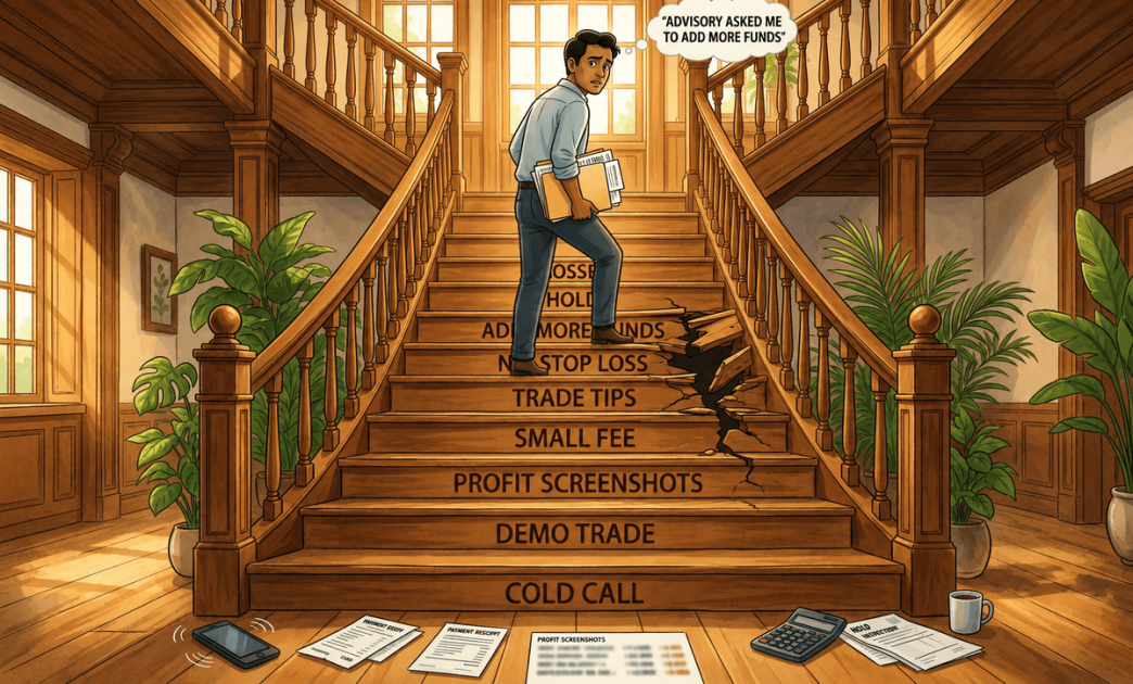 Illustration of a man ascending a staircase labeled with the 12 steps of a stock advisory scam sequence.