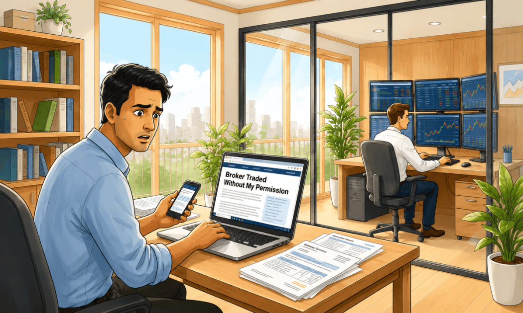 An office desk scene showing a person looking down at their laptop screen, which displays a red downward-trending financial chart, symbolizing trading losses.