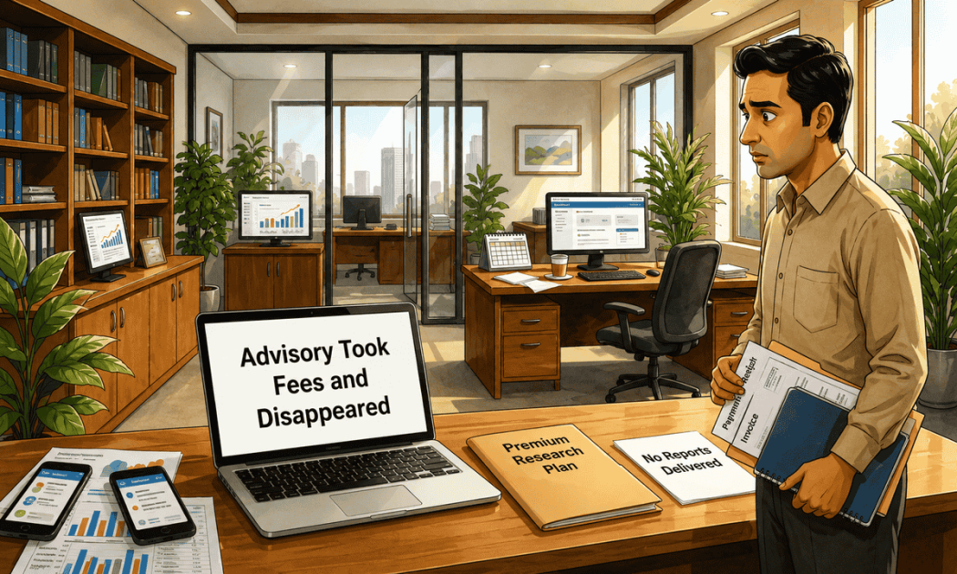 Stock market advisory recovery case study showing an office setup with text overlay about recovering fees after non-delivery of services.