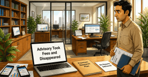 Stock market advisory recovery case study showing an office setup with text overlay about recovering fees after non-delivery of services.