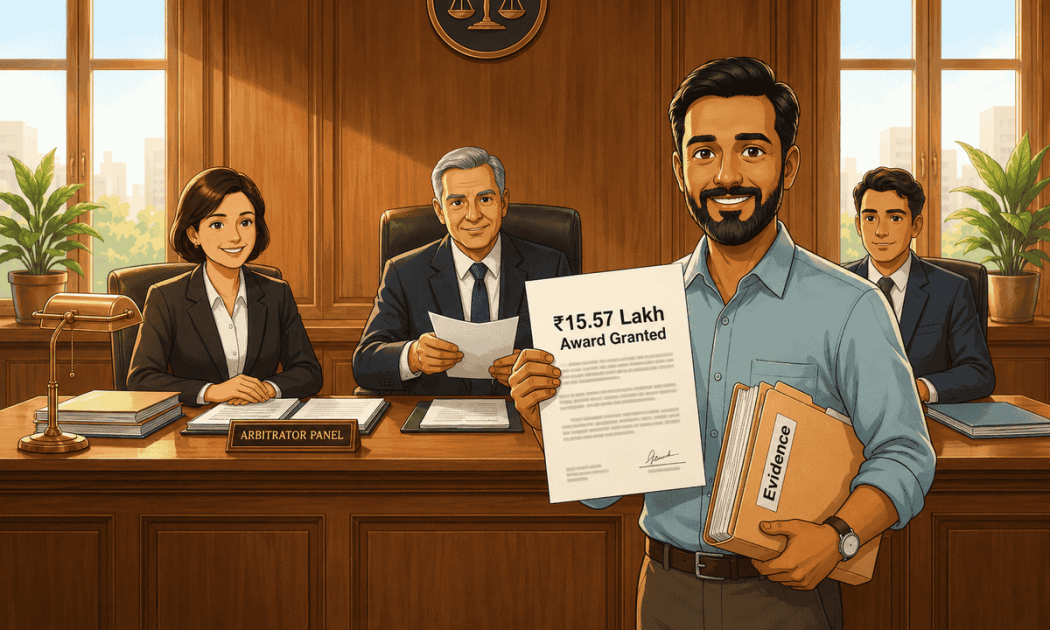 Illustration of an investor holding a document showing a ₹15.57 Lakh arbitration award against Aurostar Investment Advisory.