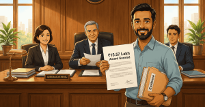 Illustration of an investor holding a document showing a ₹15.57 Lakh arbitration award against Aurostar Investment Advisory.