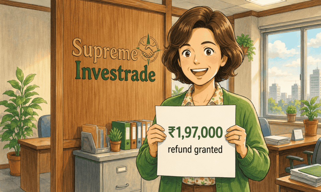 Illustration of a woman receiving a full ₹1,97,000 fee refund from Supreme Investrade