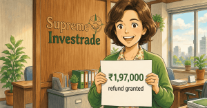 Illustration of a woman receiving a full ₹1,97,000 fee refund from Supreme Investrade