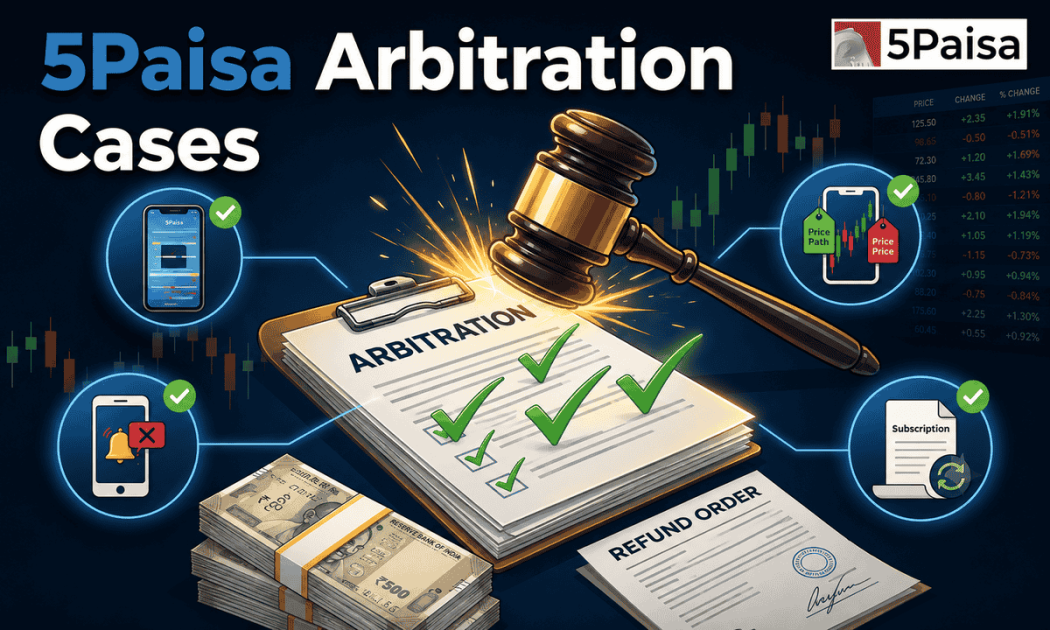 5Paisa arbitration cases summary banner showing a wooden gavel, stock trading graphs, and legal award documents